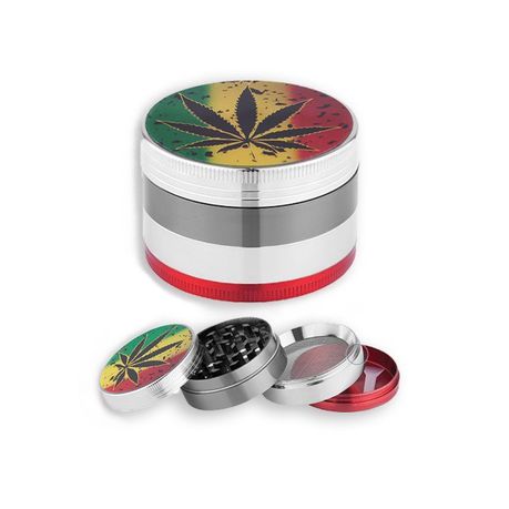 Herb Grinder 4 Piece Aluminum 50 x 34mm - Rasta Leaf